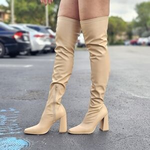 Women's Thigh High Over the Knee Boots Chunky Heel Nude Color